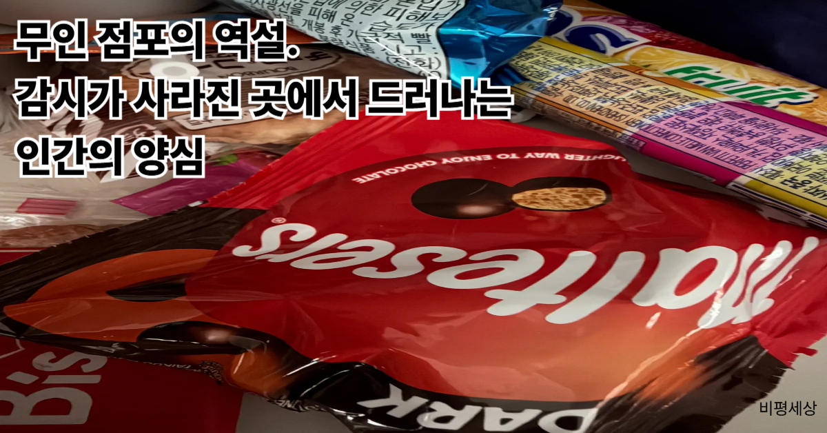 무인 점포 내 도덕성 결여와 소액 절도 문제를 과자 사진을 통해 비판적으로 시각화한 비평 이미지
