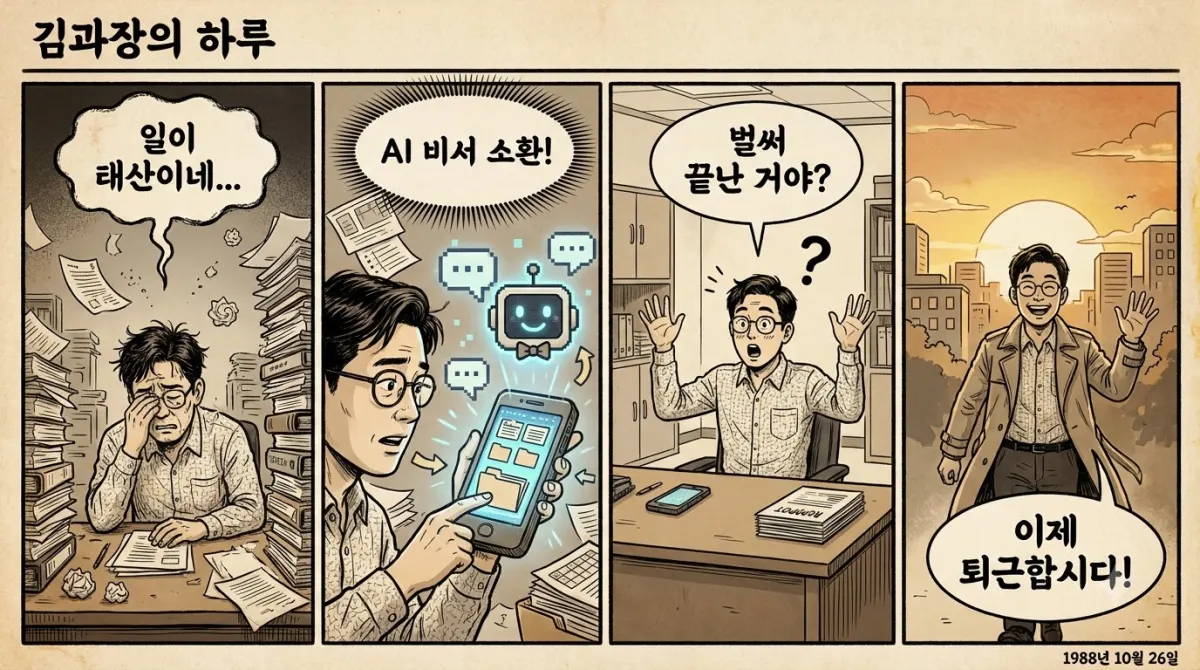 업무 유형에 맞는 스마트폰 선택으로 업무가 빨라지는 과정을 묘사한 만화