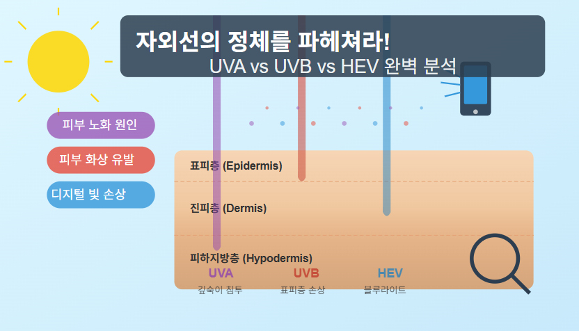 🔬 자외선의 정체를 파헤쳐라! UVA vs UVB vs HEV 완벽 분석
