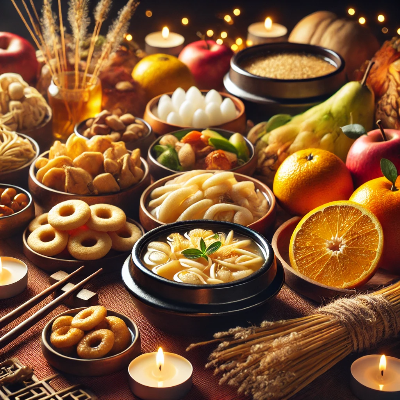 설날 차례상을 위한 한국 전통 음식의 클로즈업. 떡국, 전, 과일 등이 정성스럽게 준비된 모습.