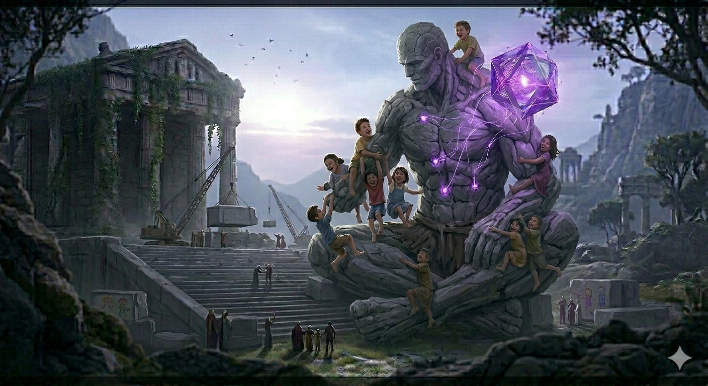 앉아 있는 거인의 어깨와 팔, 다리에 개구쟁이처럼 매달려 해맑게 웃고 있는 아이들. 거대 기술과 인류가 정서적으로 완전히 연결된 평화로운 결말.