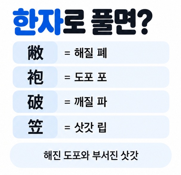 敝 袍 破 笠 네 한자의 뜻과 해진 옷 부서진 갓이라는 의미를 정리한 이미지