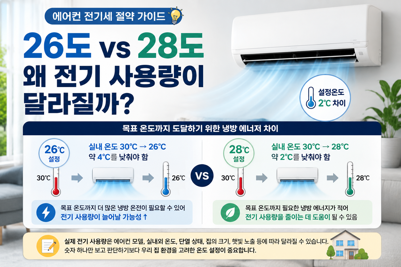 에어컨 26도와 28도 설정 시 냉방 에너지와 전기 사용량 차이 비교