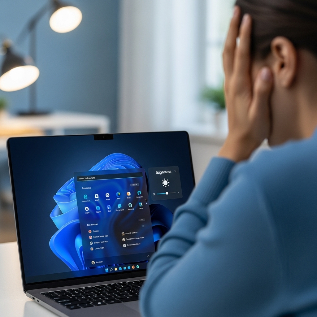 윈도우 11에서 밝기 조절이 되지 않아 어두운 화면을 응시하며 난감해하는 사용자의 모습