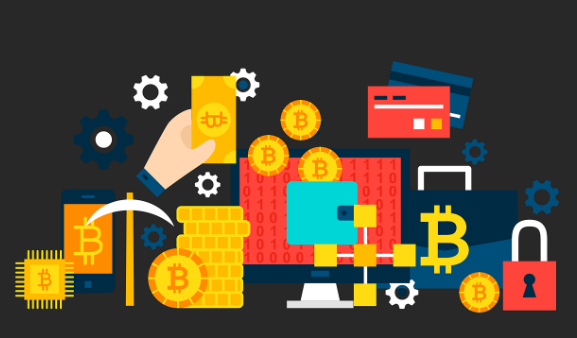 비트코인 마크, 돈, 자물쇠 등이 그려진 일러스트