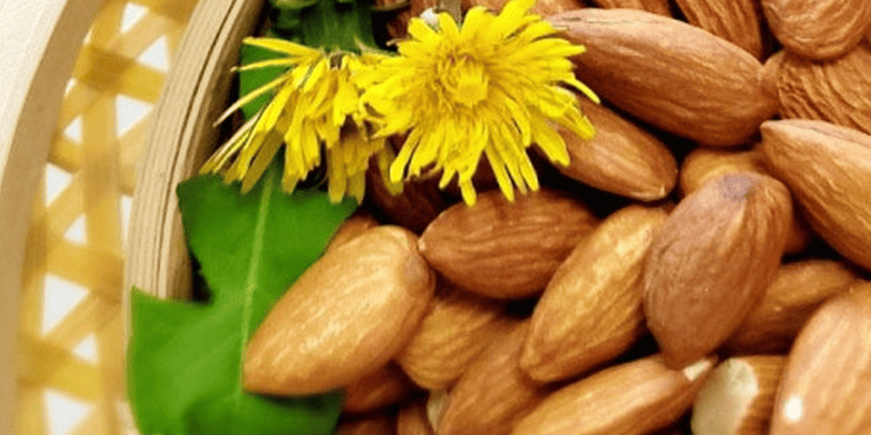 노란 꽃과 함께 나무 그릇에 담겨 있는 아몬드