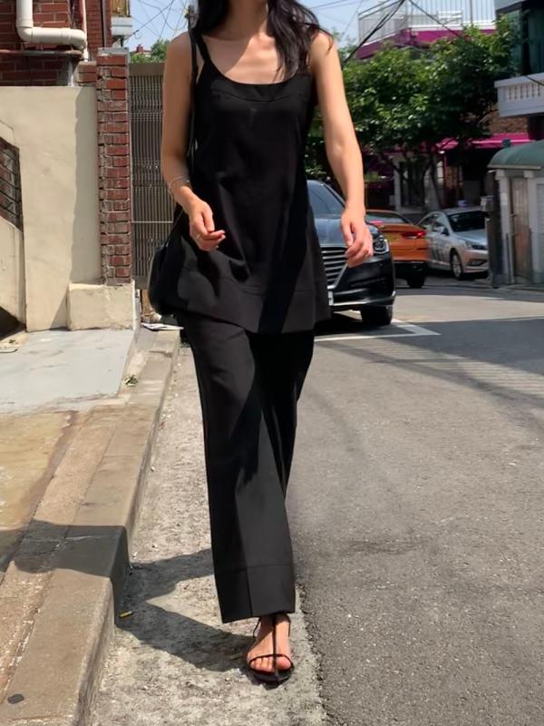 린넨 민소매 셋업 나시 꼬임 밴딩 슬랙스 투피스