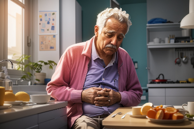 배 아파하는 노인의 모습