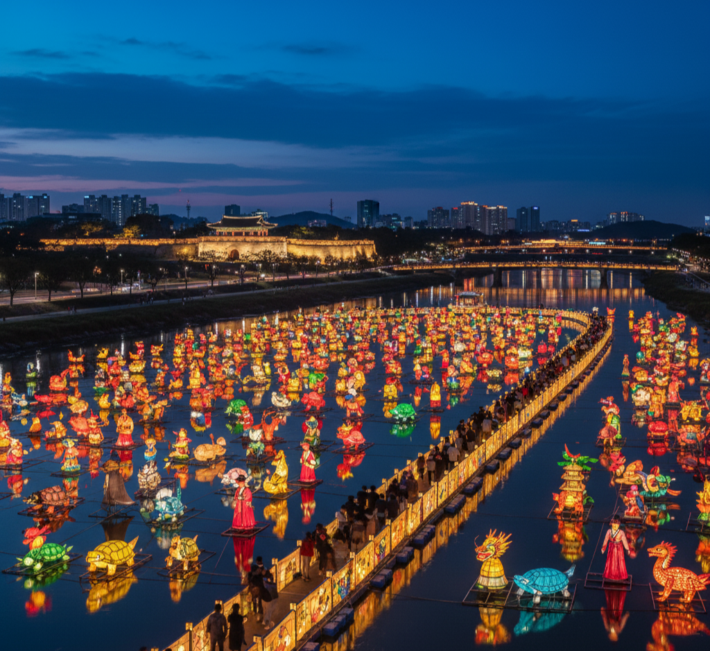 남강 위 유등축제의 화려한 야경