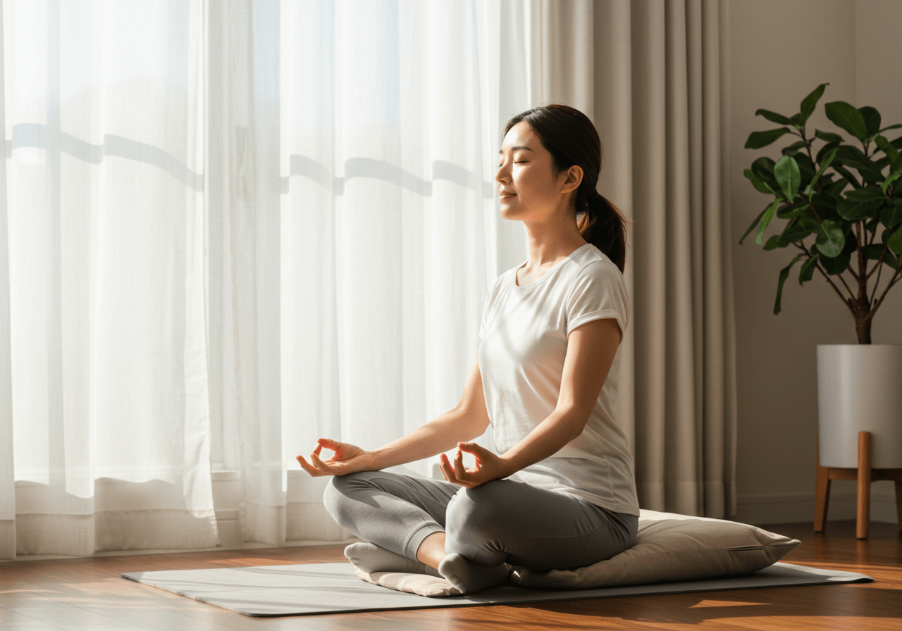 명절 후 조용한 공간에서 눈을 감고 명상하며 휴식하는 사람의 모습