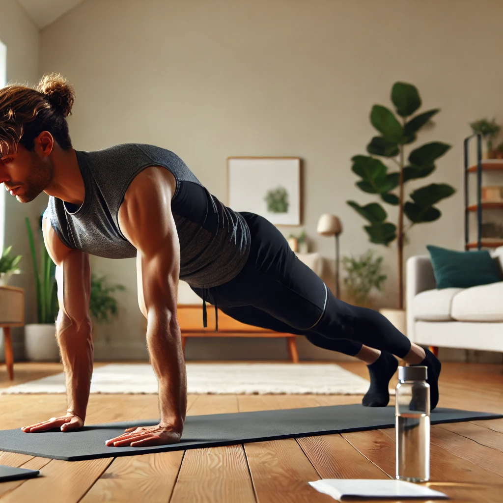 홈트레이닝으로 플랭크 하는 남자의 모습 이미지