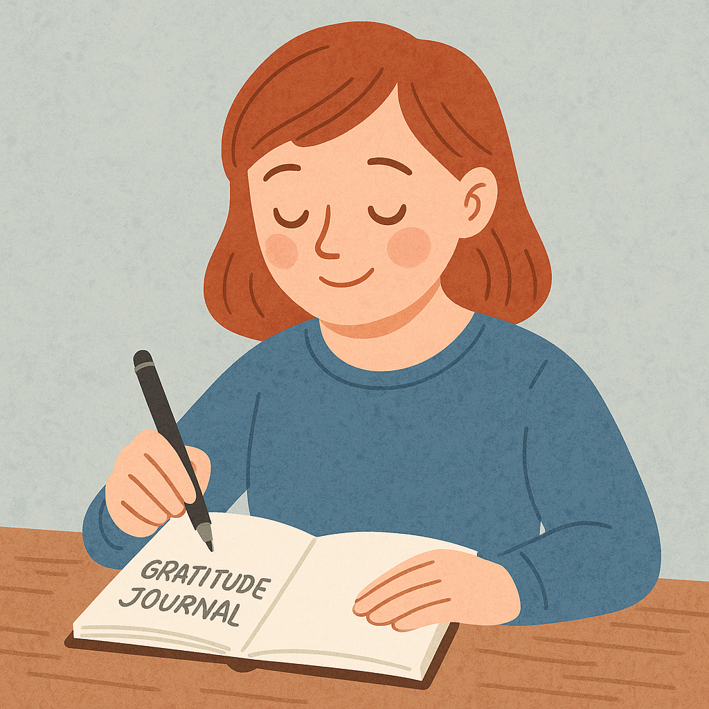 따뜻한 분위기 속에서 창가에 앉아 감사일기를 쓰는 사람의 평화로운 일러스트
