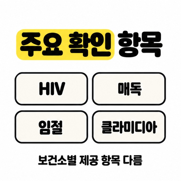 주요 확인 항목으로 HIV, 매독, 임질, 클라미디아를 네 칸에 나누고 보건소별 제공 항목이 다르다고 표시한 카드.