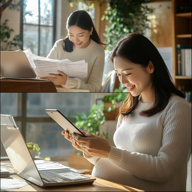 휴대폰으로 출산 지원금 정보를 확인하는 여성