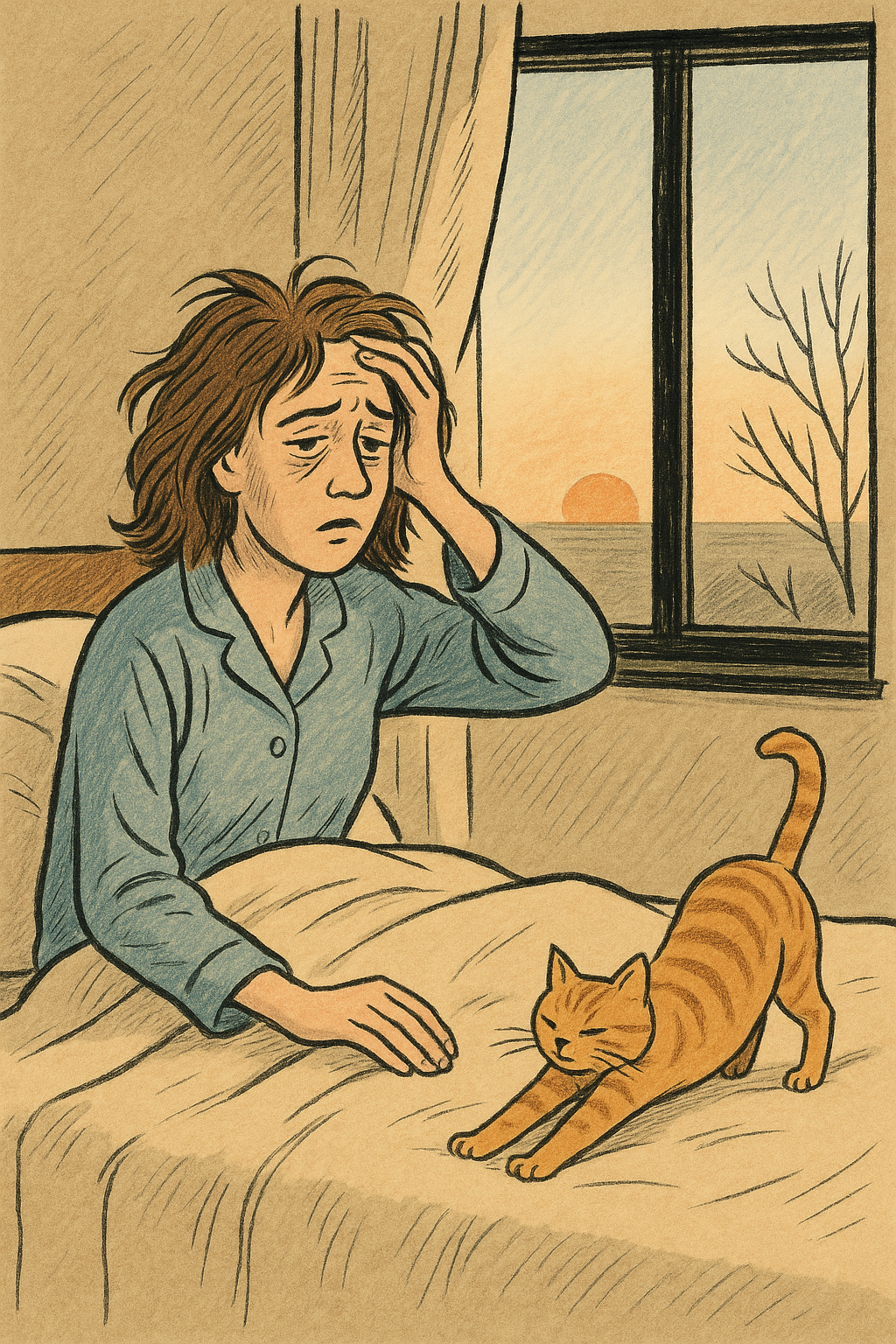 피곤한 상태로 아침을 맞은 여성. 고양이는 푹 잠.