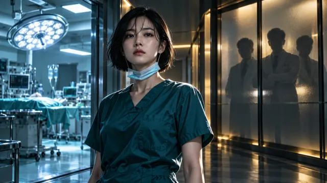 푸른 수술복을 입은 단발머리 여성 의사가 병원 복도에 서 있고, 뒤편 수술실 조명과 유리 너머 의료진의 그림자가 대비되는 그림.