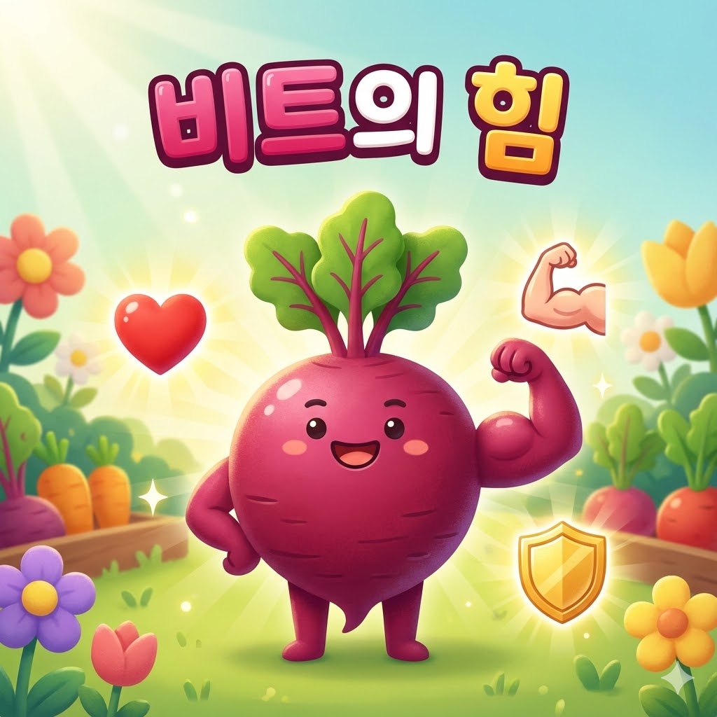 웃으며 팔 근육을 자랑하는 귀여운 비트 캐릭터 주위에 심장, 근육, 방패 아이콘이 빛나는 3D 카툰 일러스트.