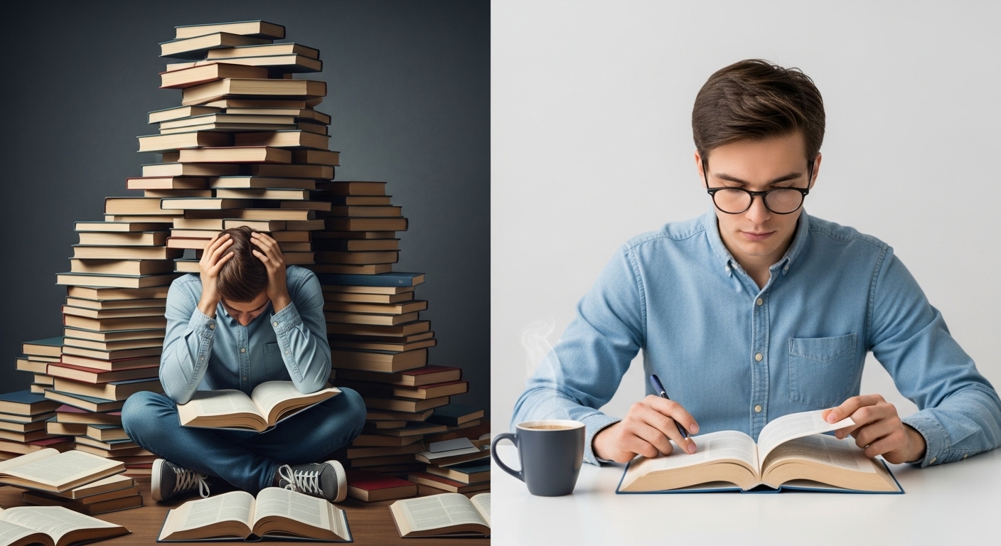 많은 책에 압도된 모습과 한 권의 책에 집중하는 모습을 대비시켜 효율적인 공부의 중요성을 보여주는 이미지