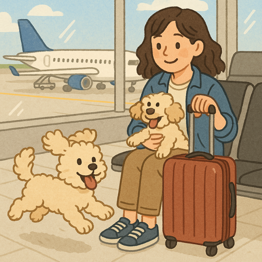 여행을 가기위해 강아지 두마리와 와 함께 비행기 탑승을 기다리는 사람