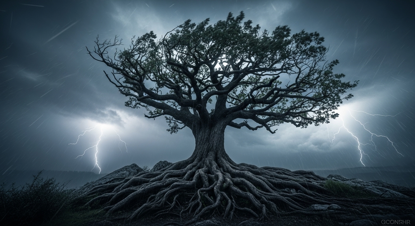 거센 폭풍우 속에서도 굳건히 서 있는 참나무.