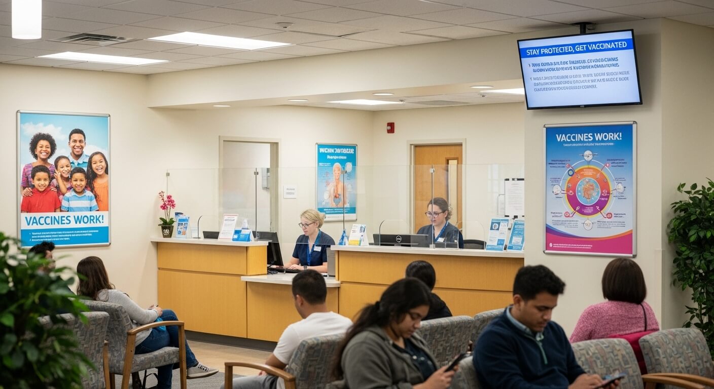 국 보건소 대기실에서 대기 중인 시민들과 예방접종 안내 포스터