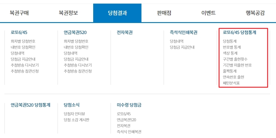 동행복권 사이트의 번호별, 색상별 당첨 통계 메뉴