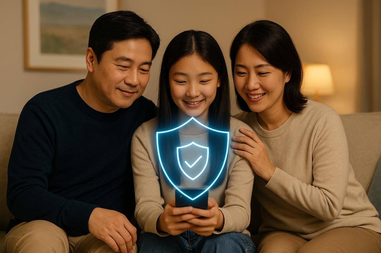 가족이 함께 스마트폰을 보며 보안 방패 아이콘 표시.