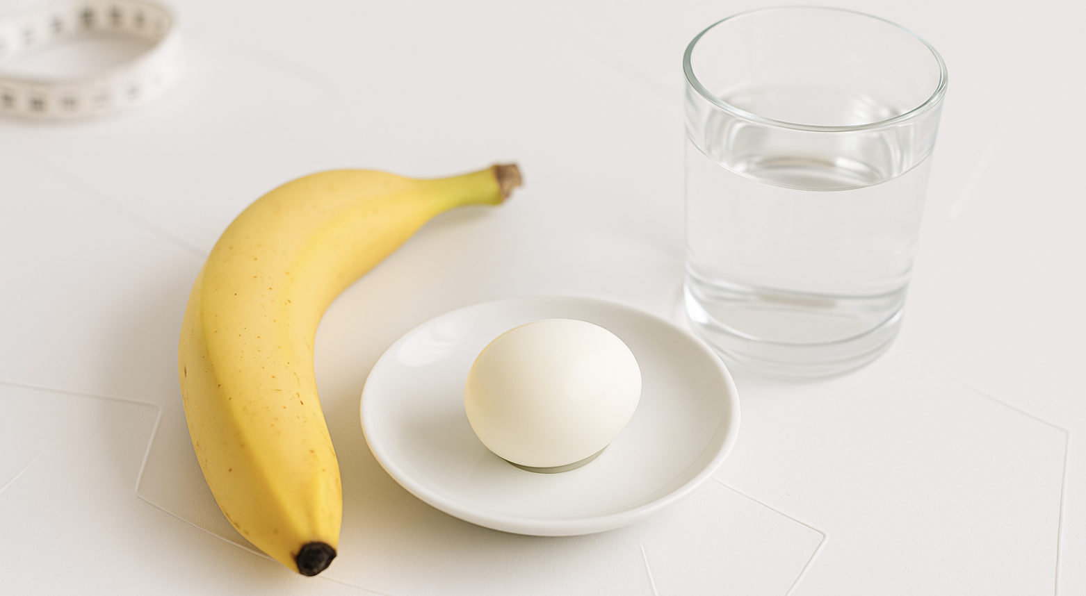 테이블 위에 가지런히 놓인 바나나, 삶은 달걀, 물 한 잔.