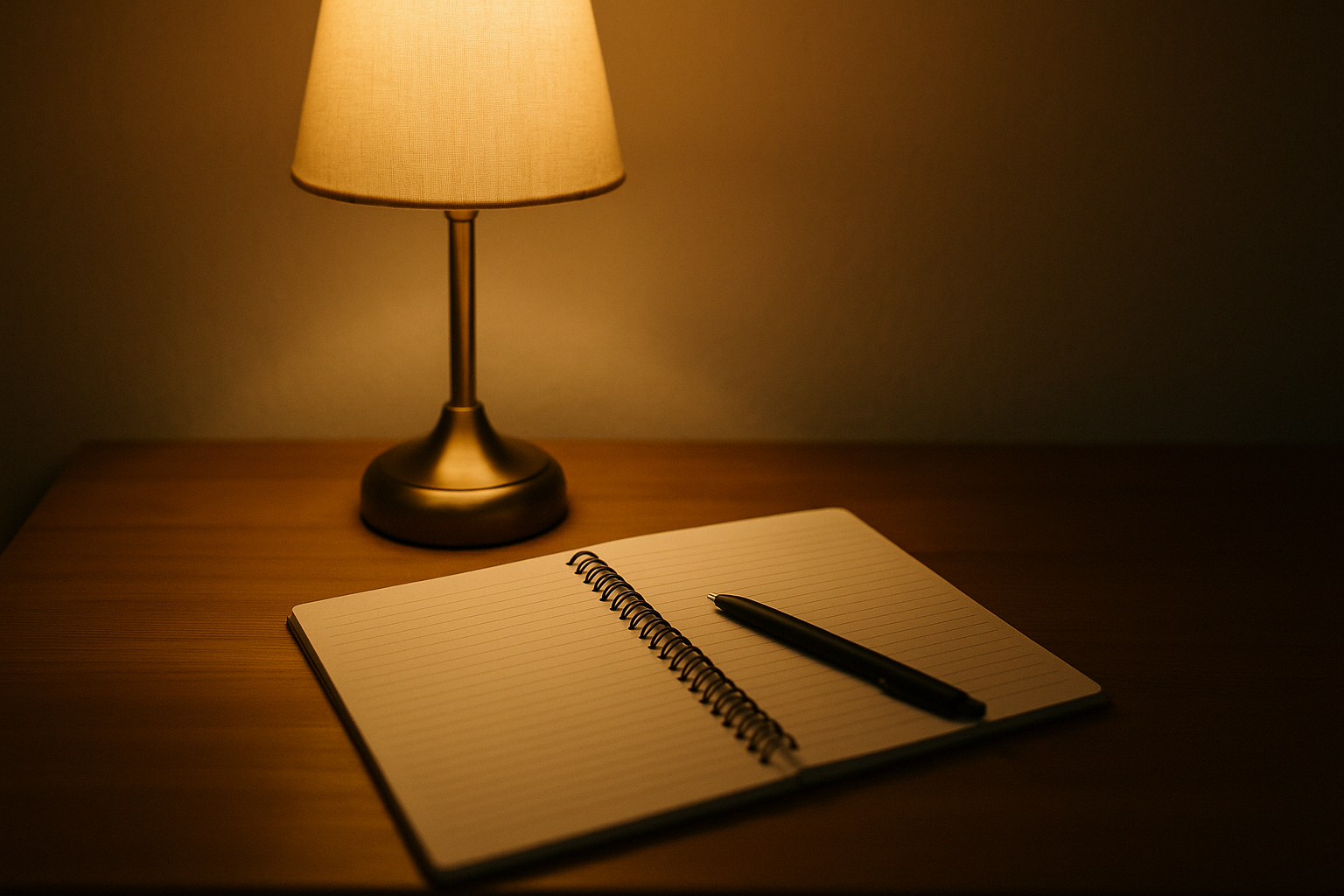 조명이 켜진 책상 위 펜과 노트가 놓인 감사 일기 공간