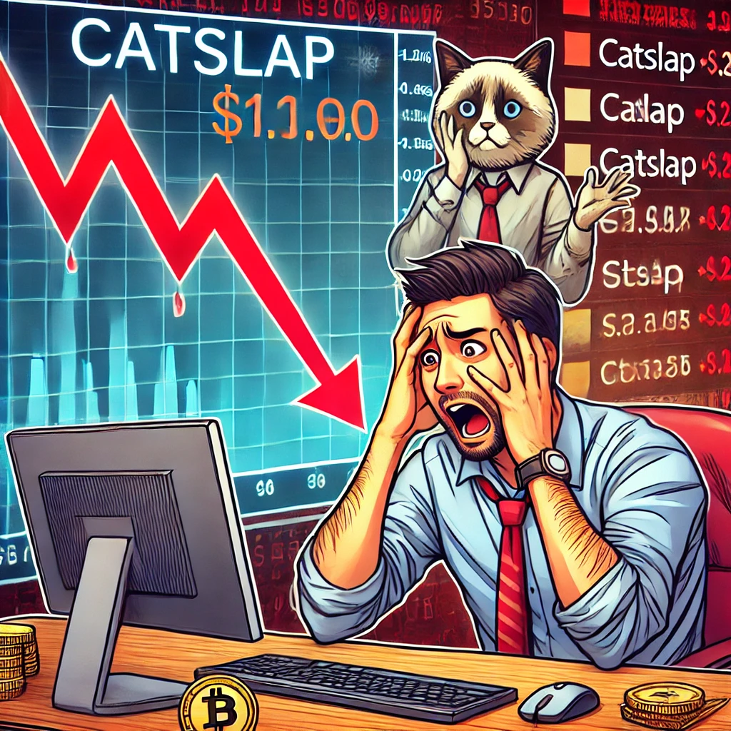 &quot;캣슬랩(CatSlap) 코인의 가격 하락을 보고 고민하는 투자자. 금융 차트에 붉은색 하락 그래프가 표시됨.&quot;