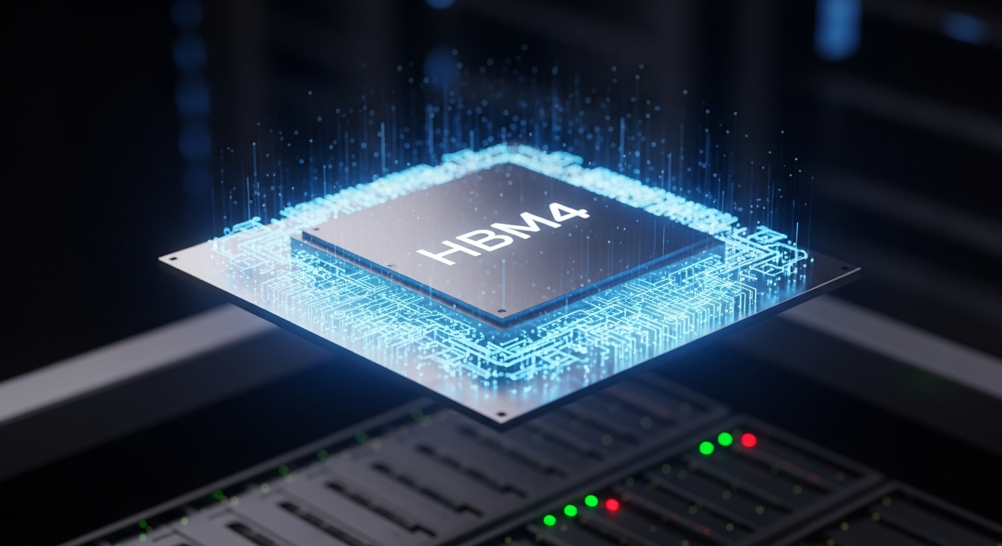 서버 랙 위에 떠 있는 'HBM4' 라벨이 붙은 미래형 AI 반도체 칩의 클로즈업, 빛나는 회로, 부와 기술을 상징, 초현실적, 8k 해상도.