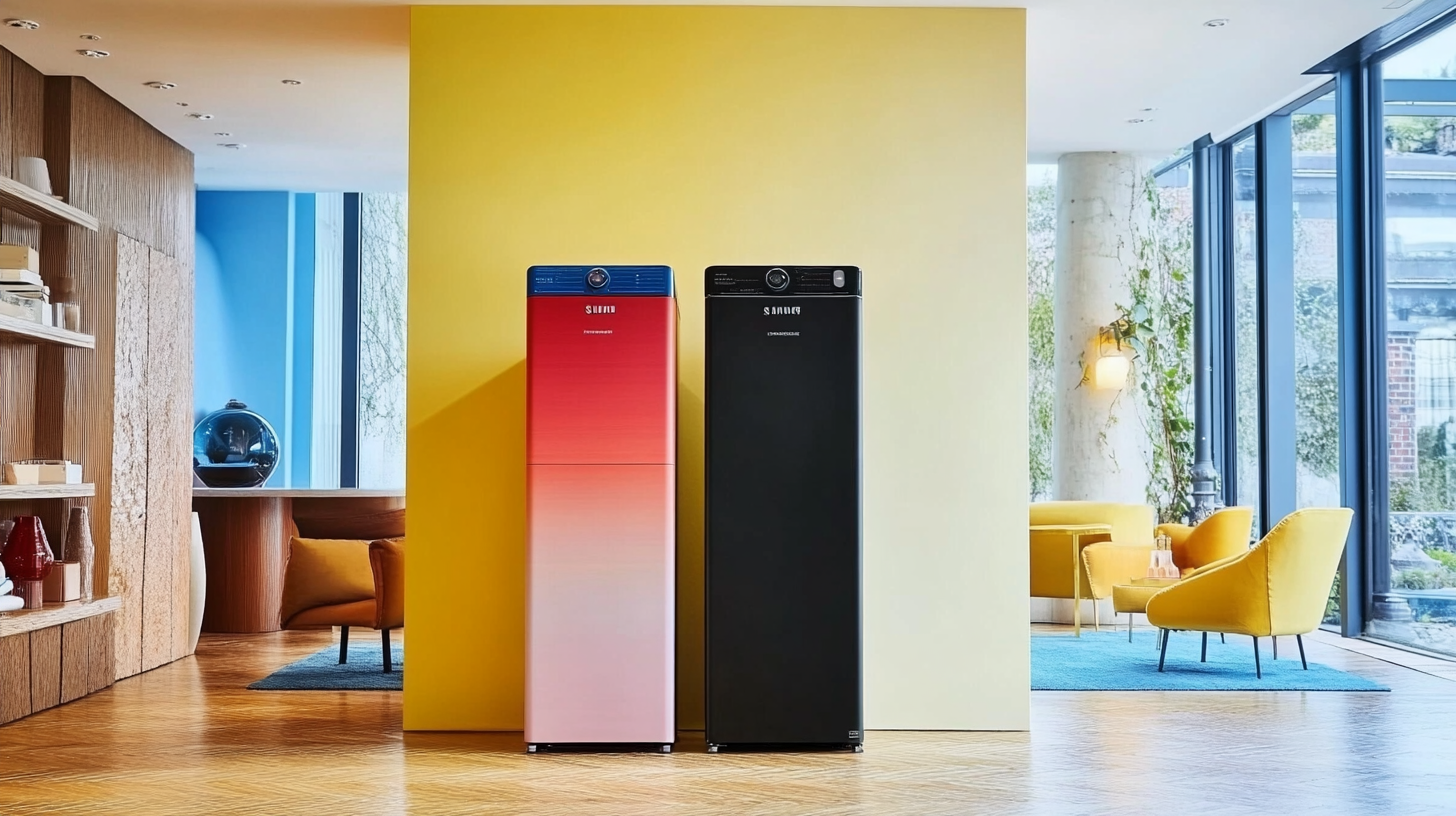 삼성 워시타워와 LG 제품이 현대적인 인테리어 배경에서 나란히 놓여 있는 이미지로, 두 제품의 서로 다른 디자인과 색상 조합이 뛰어난 대비를 이룹니다.