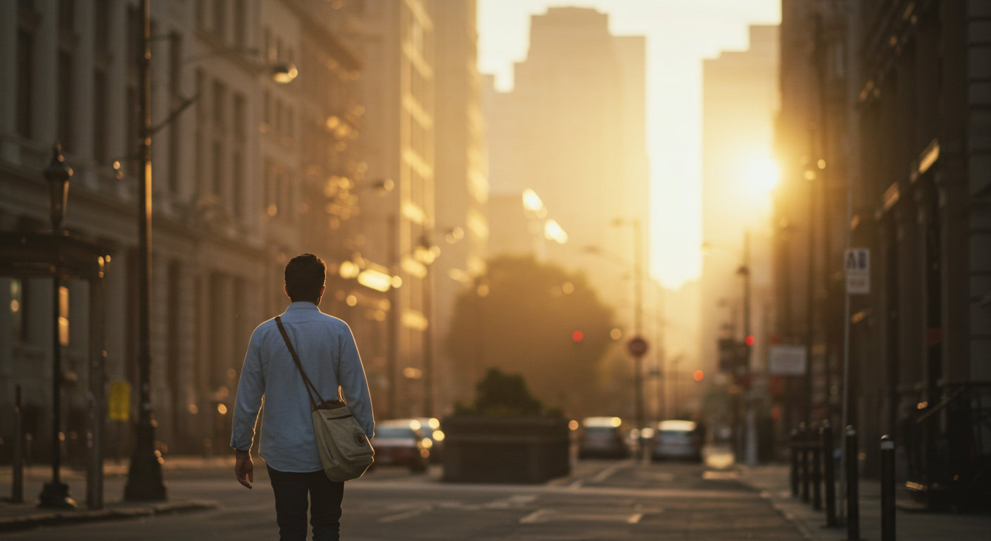 조용한 도시 아침, 다시 시작하는 사람의 모습을 상징하는 이미지