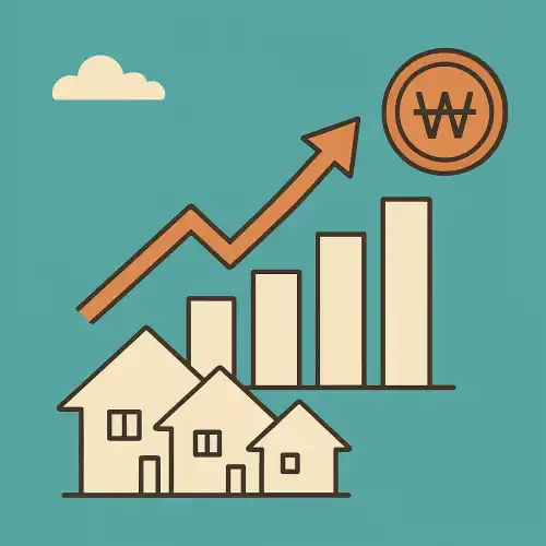 상승하는 화살표, 주택 아이콘, 막대그래프로 부동산시장의 상승을 표현한 그림