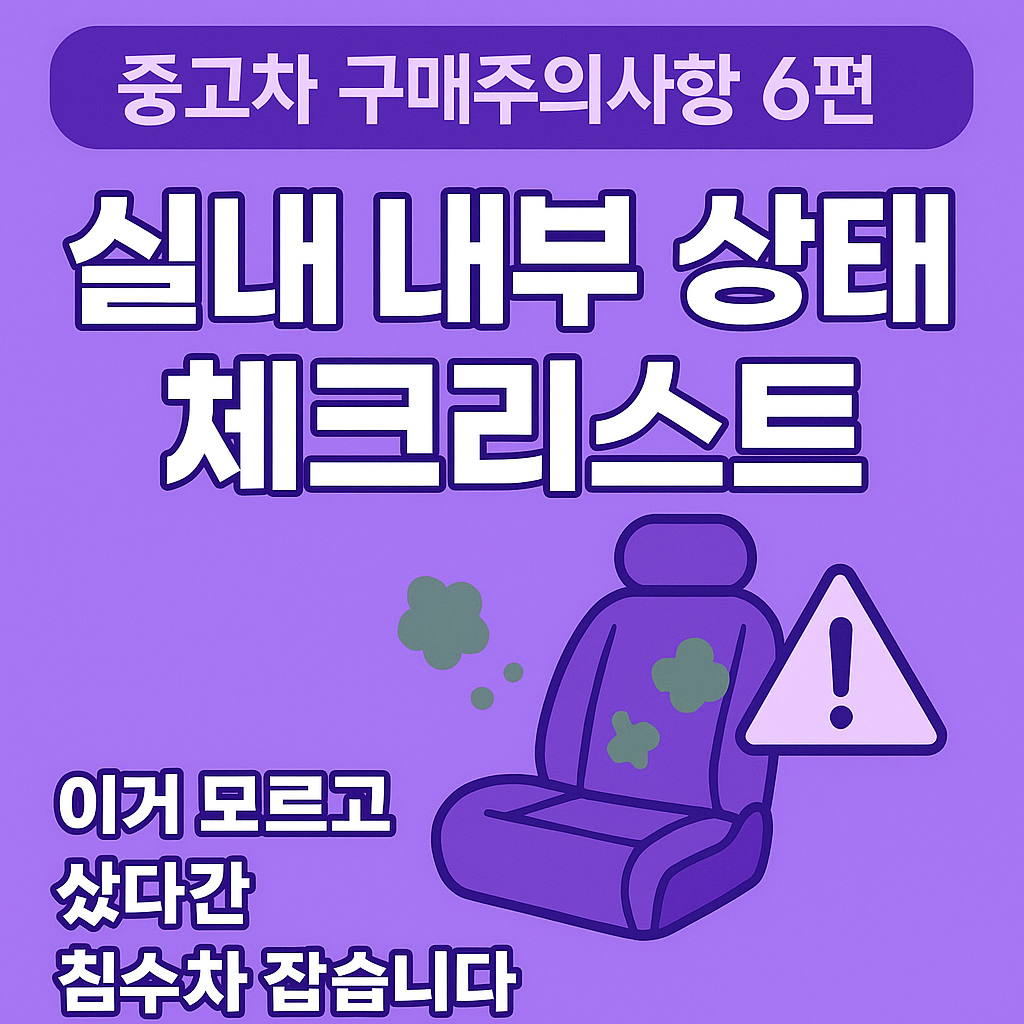 alt="중고차 실내 점검 체크리스트 썸네일 - 곰팡이 묻은 차량 시트와 경고 아이콘, 침수차 경고 메시지 포함"