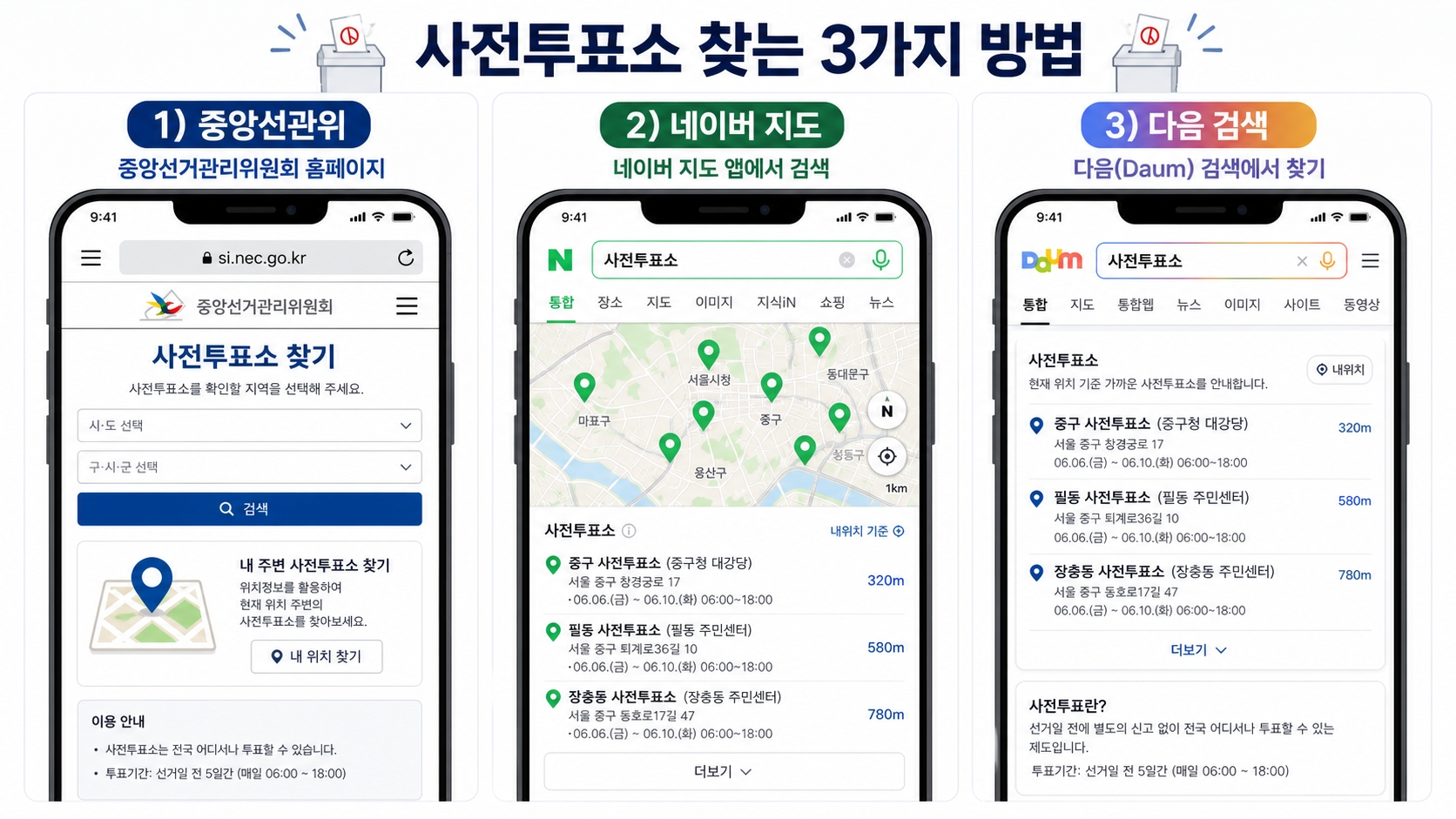 사전투표소 찾는 3가지 방법 - 중앙선관위 네이버맵 다음 검색