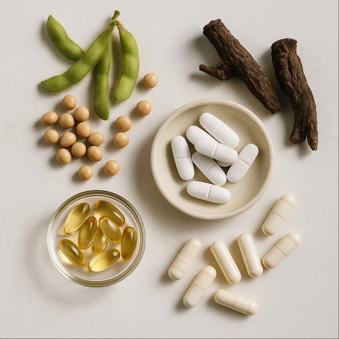 갱년기 증상 완화에 좋은 영양제 성분과 콩, 블랙코호시, 오메가3 캡슐이 놓인 이미지