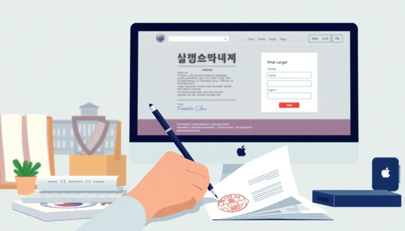 컴퓨터 앞에서 서류에 서명하는 모습.