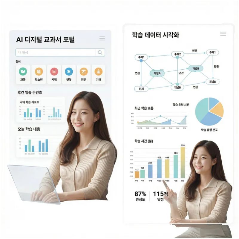 AI 디지털 교과서 포털 메인 화면 예시와 학습 데이터 시각화 이미지