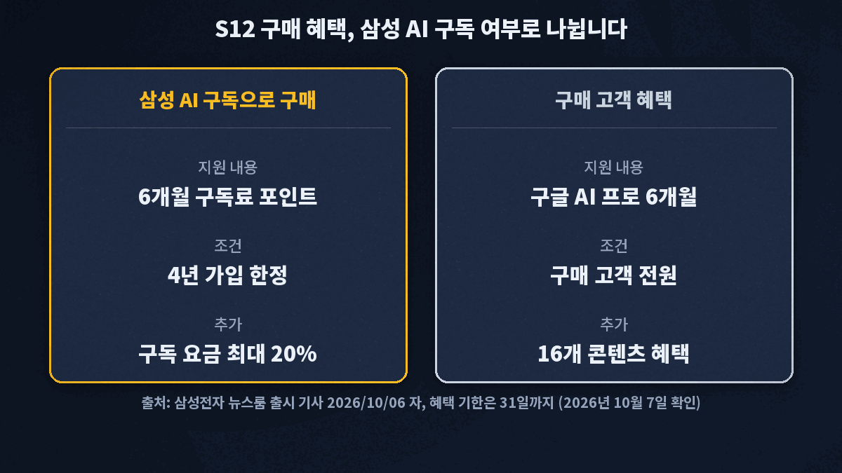 삼성 AI 구독 4년 가입 한정 혜택과 구글 AI 프로 6개월 포함 구매 고객 혜택을 나눈 분류표