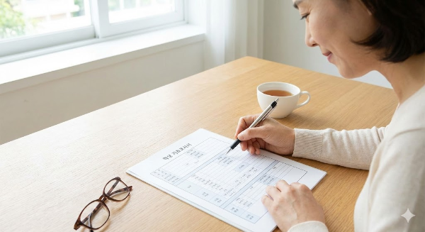 깨끗한 책상 위에 놓인 학생 기초조사서 양식과 펜을 쥔 학부모의 모습 이미지