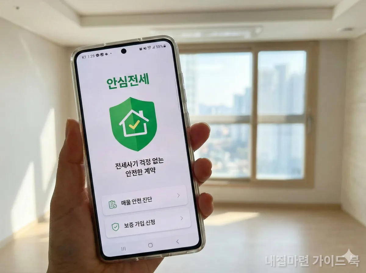 안심전세 모바일 앱 실행 화면과 안전을 상징하는 녹색 방패 아이콘