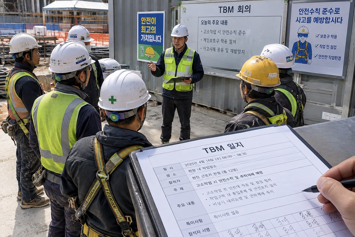 건설현장 TBM 회의와 TBM 일지 작성 모습