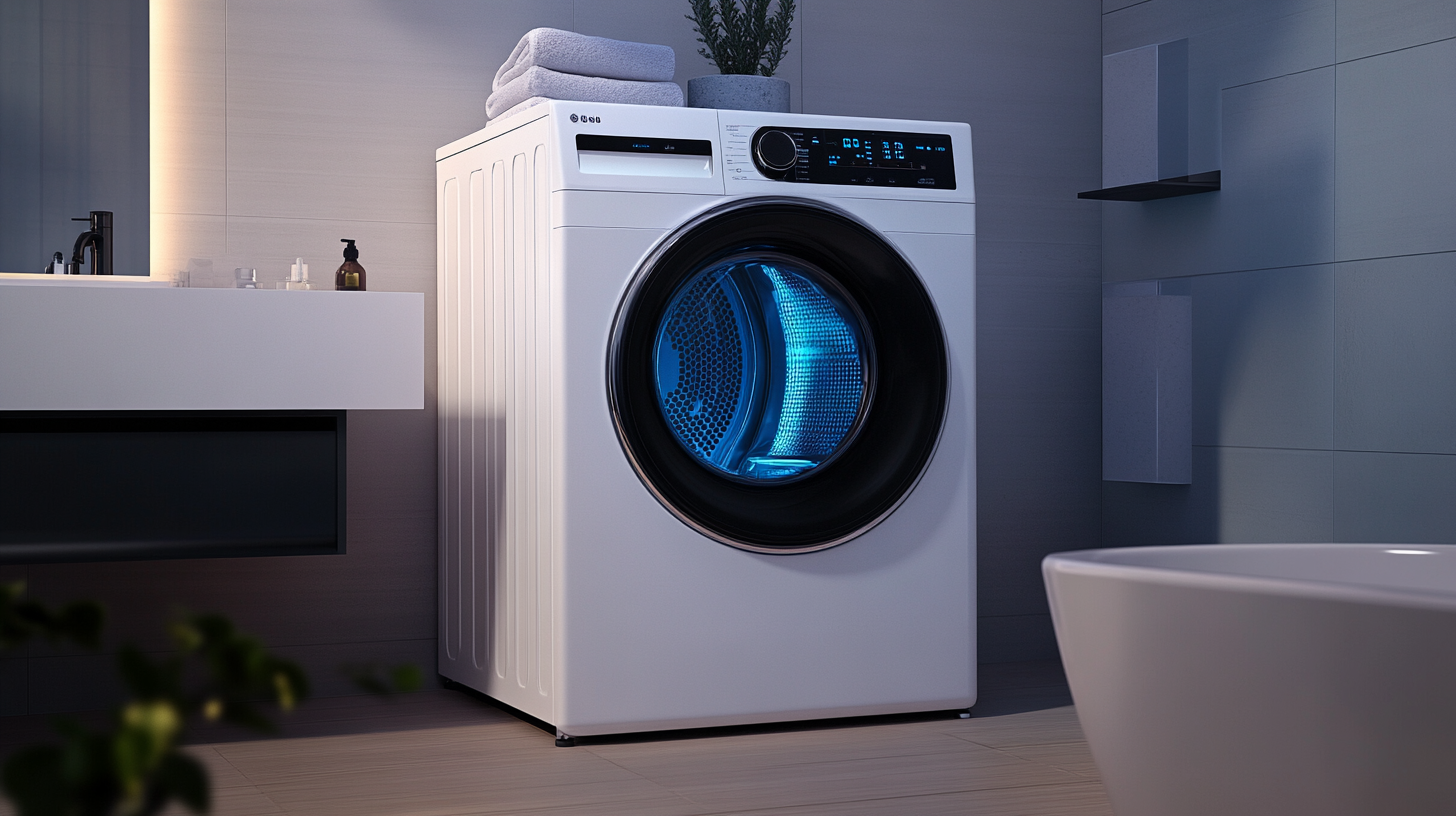 세련된 욕실에서 디지털 컨트롤과 LED 디스플레이가 장착된 현대적인 드럼 세탁기, 미니멀리즘을 강조한 깔끔한 디자인