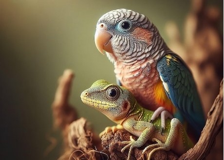 도마뱀위에 앵무새가 앉아있는 이미지