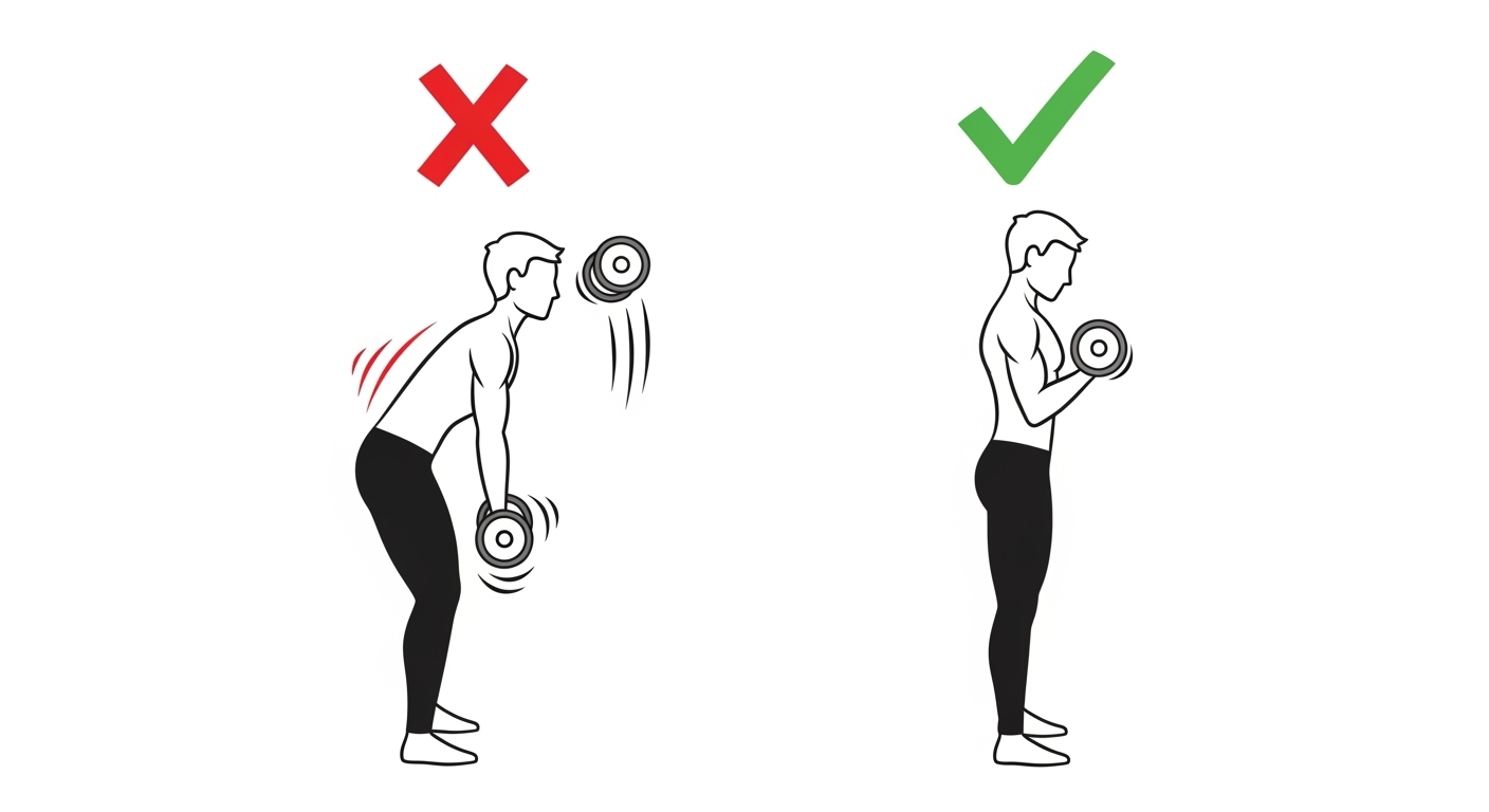덤벨 컬 운동 시 반동을 사용하는 잘못된 자세와 고립된 올바른 자세를 비교하는 그림