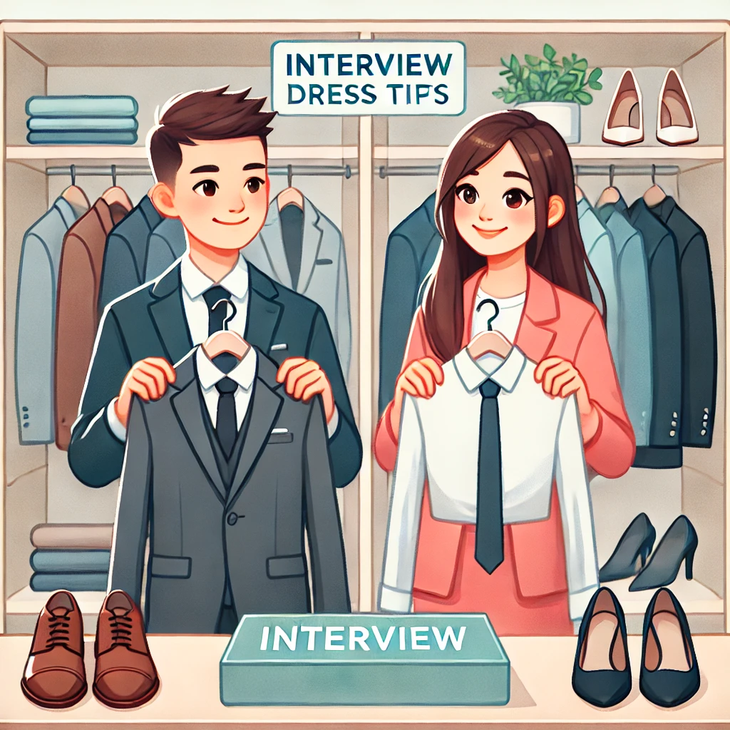 면접 복장을 고르는 남녀의 모습. 정장과 셔츠, 넥타이 등을 들고 고민하는 장면으로, 단정하고 신뢰감 있는 스타일링의 중요성을 보여줌.