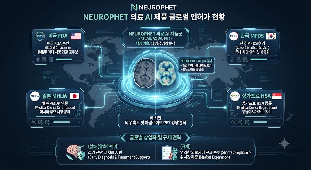 뉴로핏의 주요 의료AI 제품과 미국 FDA 및 해외 인허가 확대를 보여주는 글로벌 규제 지도