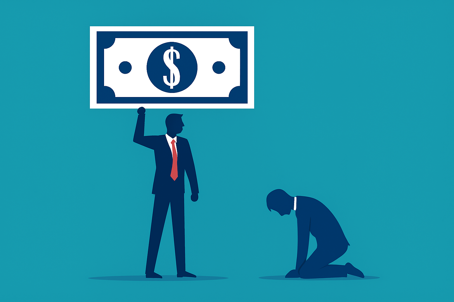 돈 앞에서 무릎을 꿇고 복종하고 있는 일러스트, 돈에 대한 수치심을 묘사함