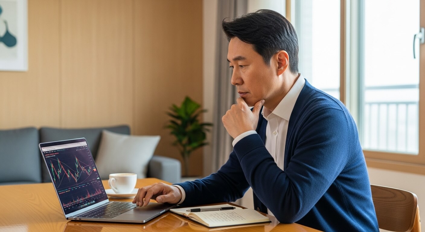 노트북에 나타난 비트코인 차트를 보며 투자 판단을 고민하는 한국인 중장년 남성